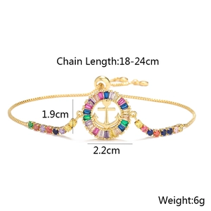 Adjustable 18K gold-plated anchor bracelet with rainbow zircons for women