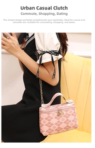 Detail of pink quilted handbag with clover print, gold chain strap and dual zippers