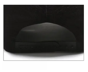 Detail of adjustable black snapback closure on a cotton twill baseball cap