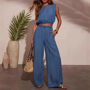 Top Court En Jean Sans Manches À Col Rond Et Pantalon Large À Taille Haute Tenue Décontractée D'Été Pour Femme Bleu