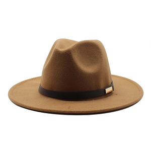 Detailed view of the brown wool fedora hat featuring a black belt with gold metal buckle
