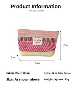 Detail of colorful striped woven toiletry bag showing size 23x16x5cm and canvas lining