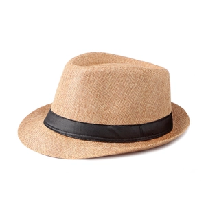 Chapeau fedora classique en lin kaki avec ruban noir présenté sous un angle de 45 degrés