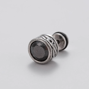 Vintage men's stainless steel stud earring with black zircon and ornate carved patterns