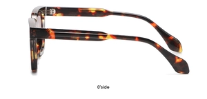 Detailed side view of matte tortoiseshell square sunglasses with metal hinge detail