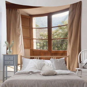 Bedroom wall decor featuring a 3D landscape window view tapestry with mountain scenery