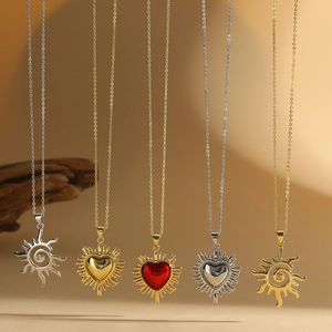 Elegant Heart Sun Pendant Necklace Retro Copper Gold Silver Plated Jewelry For Women Aesthetic Radiant Sunburst Choker