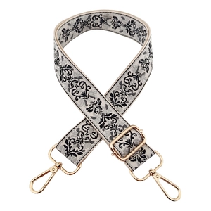 Adjustable 3.8cm thick ethnic jacquard bag strap with beige and black vintage patterns