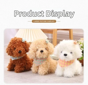 Detailed view of three plush puppies in brown, beige, and white with decorative scarves