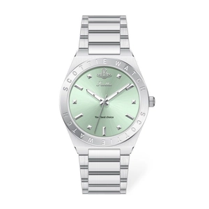 Silver stainless steel watch with a light green sunray dial and round bezel