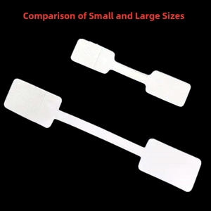 Size comparison between large and small white self-adhesive jewelry price tags for rings
