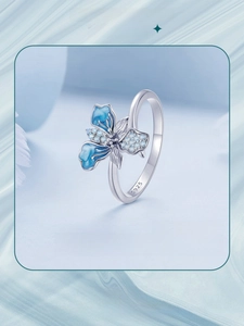 Macro view of blue enamel iris ring showing S925 sterling silver hallmark and crystals