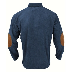 Detail view of the navy corduroy shirt back with contrasting brown suede elbow patches
