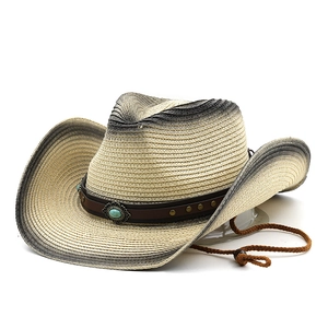 Cappello da cowboy in paglia intrecciata con fascia in pelle turchese e cinturino regolabile