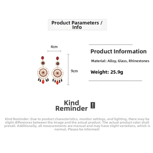 Detailed size specifications of bohemian gold drop earrings with red and black beads