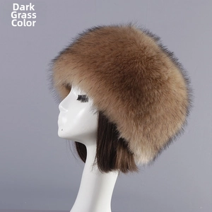 Detail of the thick dark moss green faux fur material on the winter Cossack hat