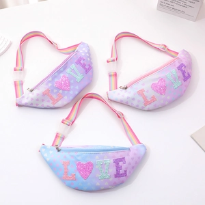 Kids Waist Bag Glitter Sequin LOVE Letter Rainbow Strap Heart Pattern Cute Cartoon Chest Pack For Girls