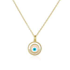 Golden chain necklace with blue devil eye zircon pendant and small crystals on white background