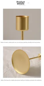 Detail view of gold metal candle holder showing the top cup and wide stable base