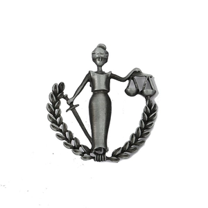 Vintage antique silver Lady Justice pin brooch featuring scales and sword emblem