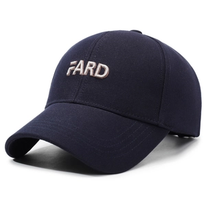 Navy blue cotton baseball cap with 3D FARD embroidery and curved brim in 45-degree view
