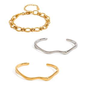 Minimalist stainless steel cuff bracelets and gold link chain set for women