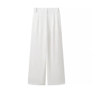 Back view of elegant white wide-leg trousers featuring a smooth drape and belt loops