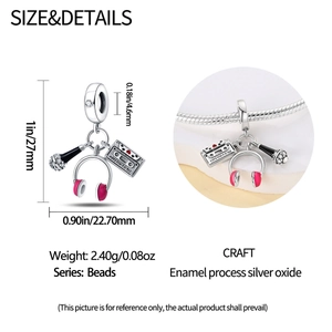 Macro view of music charms showing size details for silver headphone and tape bead