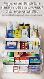Internal view of a three-tier folding medical storage box showing organized drug compartments