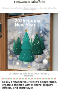 Close-up of green Christmas tree window decals with 2026 Happy New Year lettering