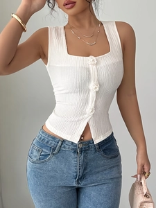 White ribbed knit square neck tank top with decorative rose buttons for women