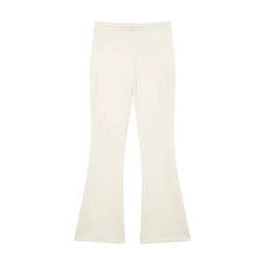 Pantalon évasé blanc cassé à taille haute en maille élastique posé à plat