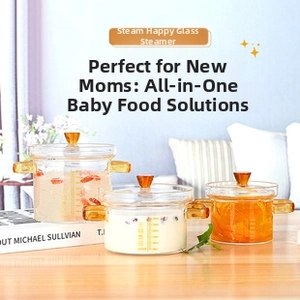 Detail view of heat-resistant glass stew pots with orange handles and volume scales