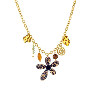 Collier en acier inoxydable doré avec fleur à motif léopard et perles colorées