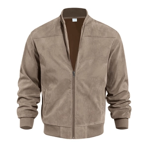Detail of ribbed knit collar and cuffs on brown faux suede men's bomber jacket