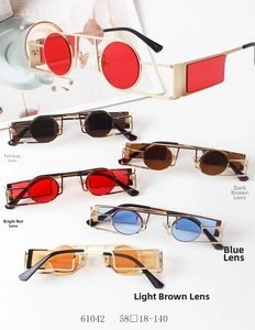 Close-up of steampunk round metal sunglasses featuring distinct geometric frames and lens colors