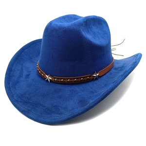 Close-up of royal blue faux suede cowboy hat with star-studded leather decorative band