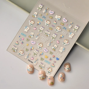 5D embossed nail stickers with cute puppy, balloon and cake designs for manicure