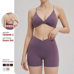 Women Top And Bottom Brushed Polyamide Yoga Set Twist Front Sports Bra Cross V-Waist Shorts Fitness Workout Outfit