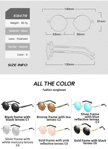 Detailed size chart for steampunk polarized sunglasses with metal frame dimensions