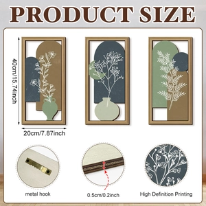 Set of 3 abstract botanical wooden wall art panels with dimensions and hook details