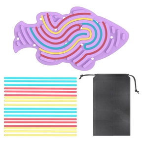 Detailed view of silicone sensory activity board with colorful sticks and drawstring bag