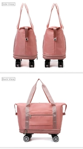 Pink multi-functional travel bag with silent 360 wheels and expansion zipper detail