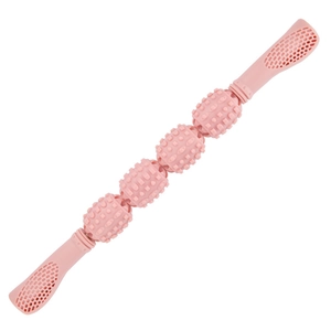 Pink foam roller massage stick with four spiked balls and ergonomic handles for muscle recovery