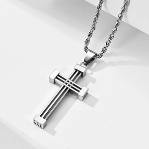 Polished silver stainless steel layered cross pendant necklace with twisted rope chain
