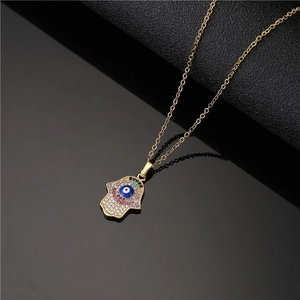 18K gold plated Hamsa Hand pendant necklace with multi-color zircon and evil eye detail