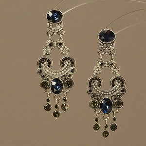 Vintage Baroque Dangle Earrings 925 Sterling Silver Earring Post Blue Oval Rhinestone Imitation Artificial Pearl Elegant Palace Style