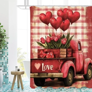 Detail of red vintage truck and heart balloon pattern on waterproof polyester shower curtain