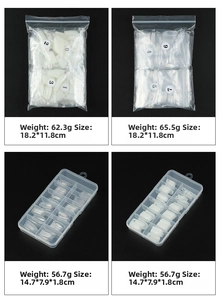 Detailed comparison of coffin-shaped nail tips in clear and milky white bulk packaging