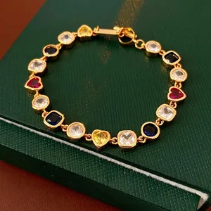 Bracelet En Cuivre Vintage Zircon Coeur Géométrique Multicolore Plqué Or Style Rétro De Luxe Pour Femmes Avec Fermoir OT